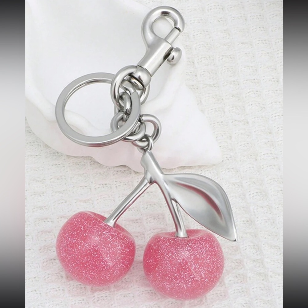 Sparkling Pink Cherry Bag Charm Keychain with silver hardware NWT - Picture 2 of 4
